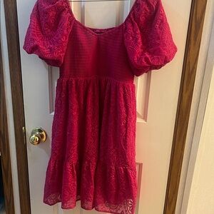 Fuchsia Eyelet Mini Dress with Puff Sleeves and Square Neckline